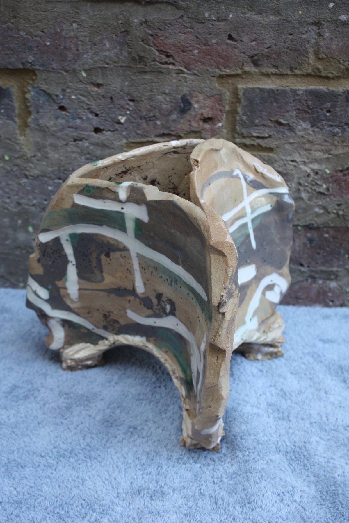 Triangular Strata Pot with inlaid porcelain and oxides by Graham Matthews