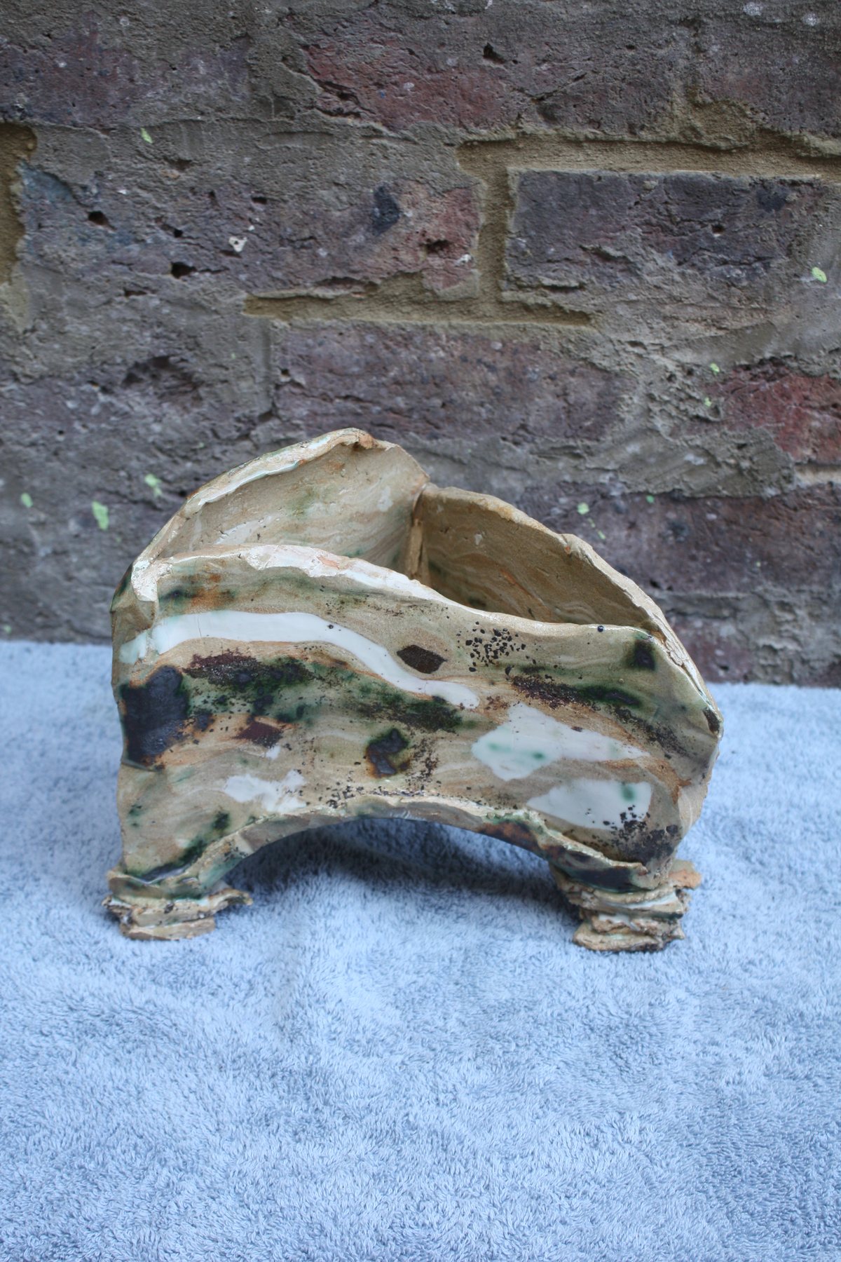 Triangular Strata Pot with inlaid porcelain and oxides by Graham Matthews